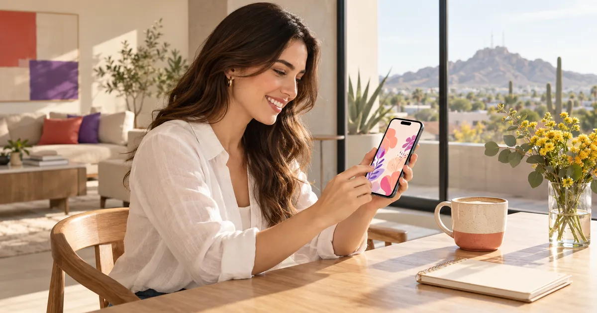 Mujer sonriente arma su invitación digital en el celular, sentada a la mesa de una sala luminosa con vista al cerro.