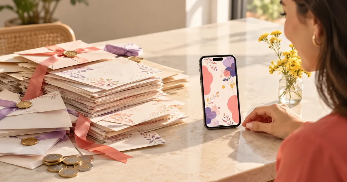 Montón de invitaciones impresas con listones y monedas junto a un celular que muestra una invitación digital.