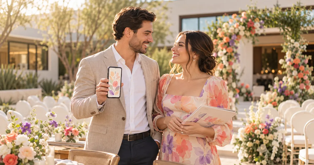 Pareja de novios sonríe mientras él muestra la invitación de boda en el celular, frente a un arco de flores y sillas para la ceremonia.