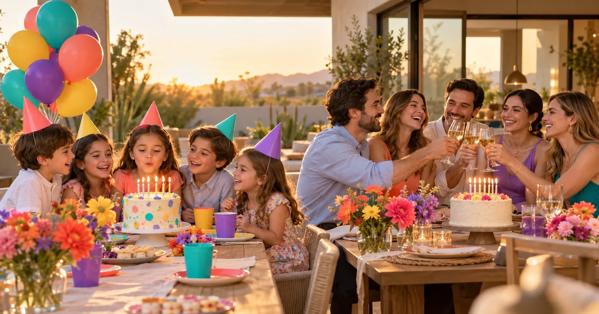 Niños con gorritos de fiesta frente a un pastel con velas y adultos brindando en otra mesa, en una terraza con globos al atardecer.