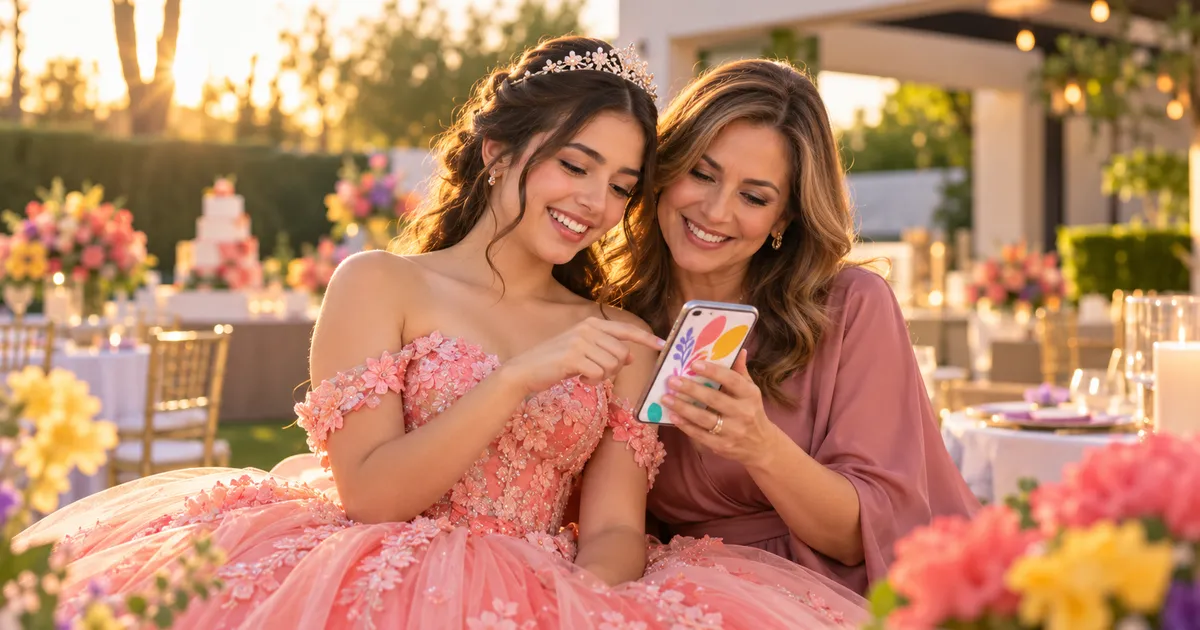 Quinceañera con vestido coral y tiara ve su invitación digital en el celular junto a su mamá, en un jardín de fiesta al atardecer.