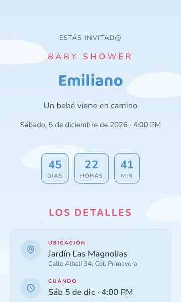 Primera pantalla de la invitación Nubes y Estrellas