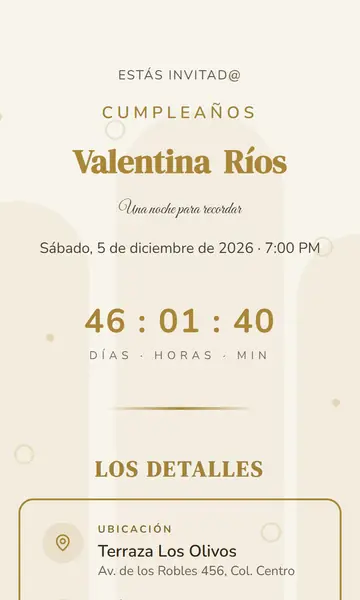 Primera pantalla de la invitación Blanco y Dorado