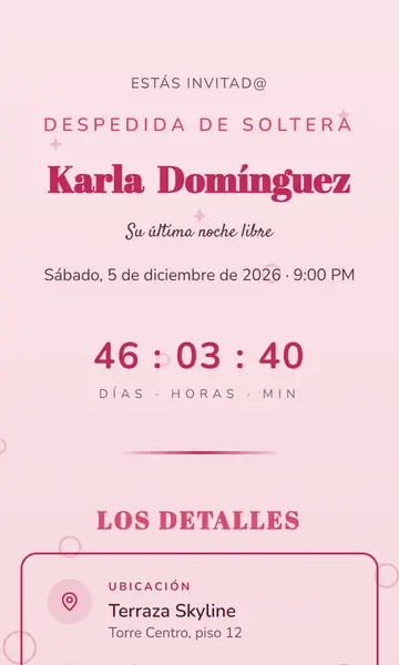 Primera pantalla de la invitación Brindis Rosa