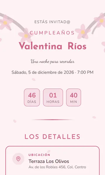 Primera pantalla de la invitación Cerezo en Flor