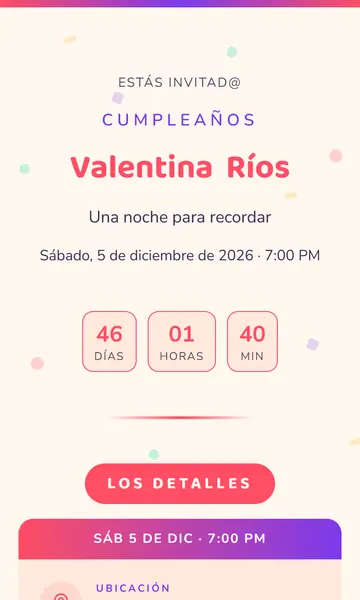 Primera pantalla de la invitación Confeti Total