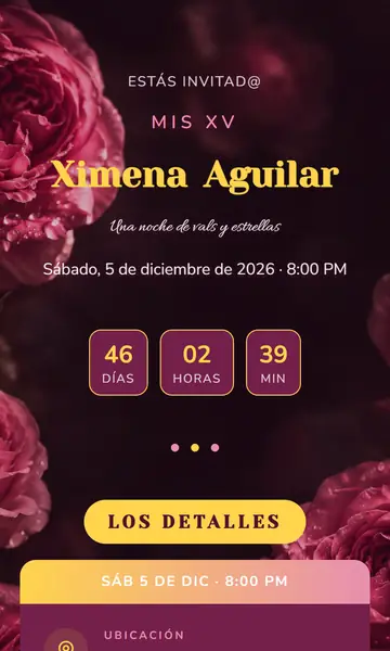 Primera pantalla de la invitación Corona de Rosas