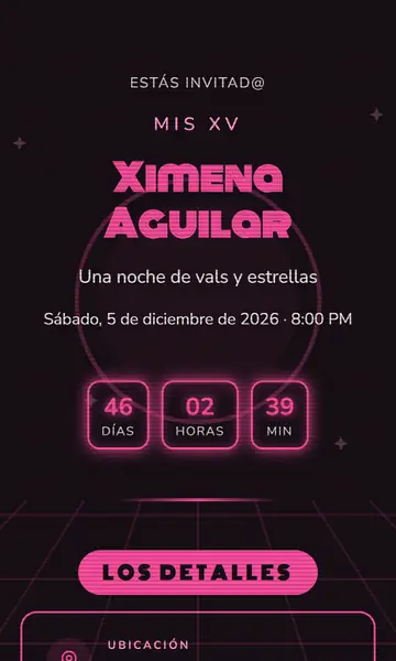 Primera pantalla de la invitación Destello Rosa