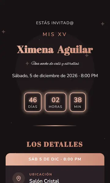 Primera pantalla de la invitación Estrella de la Noche