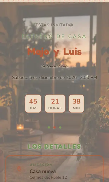 Primera pantalla de la invitación Estreno de Casa