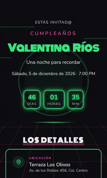 Primera pantalla de la invitación Fiesta Neón