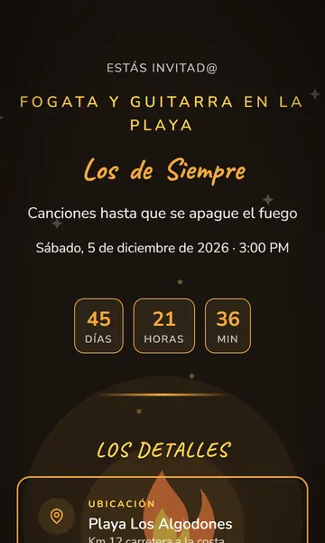 Primera pantalla de la invitación Fogata Acústica