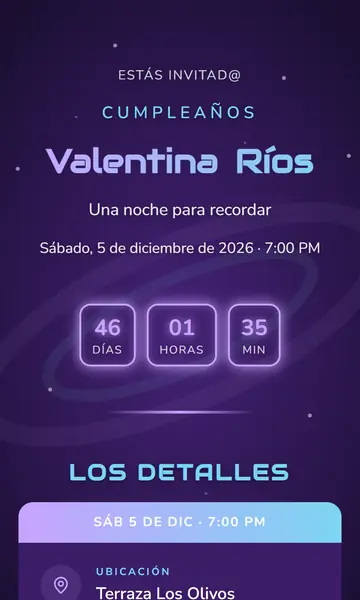 Primera pantalla de la invitación Galaxia Morada