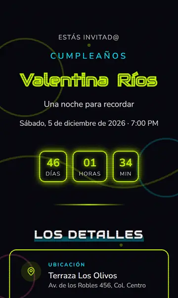 Primera pantalla de la invitación Glow Party