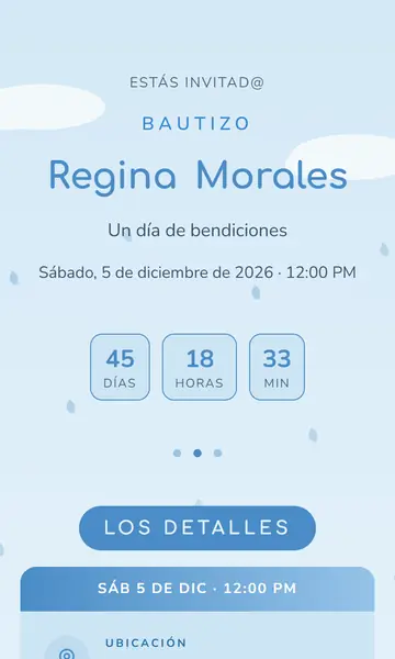 Primera pantalla de la invitación Gotitas de Cielo