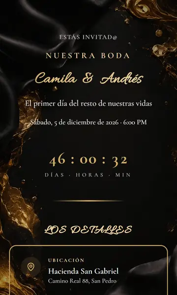 Primera pantalla de la invitación Letras de Oro