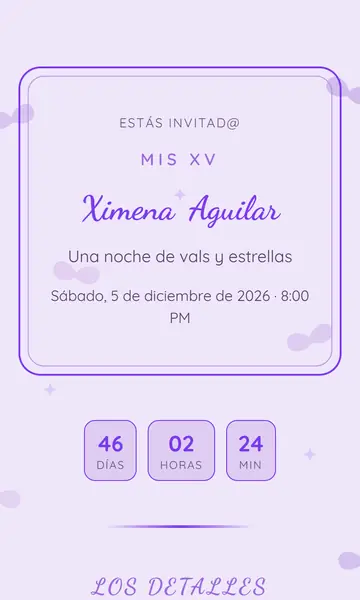 Primera pantalla de la invitación Mariposas Lila