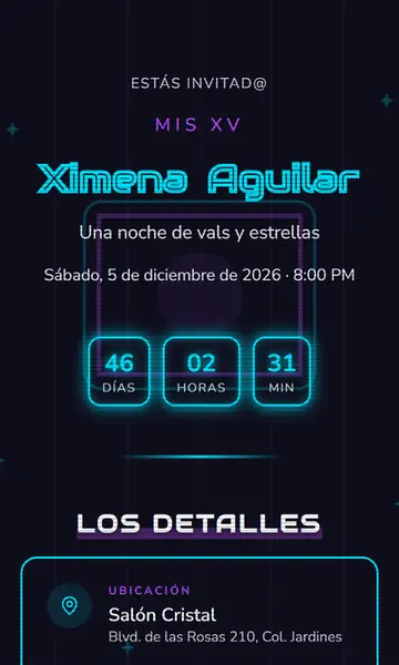 Primera pantalla de la invitación Neón Quinceañera