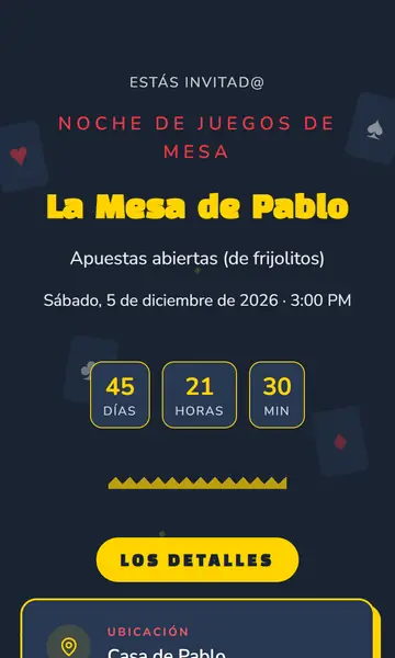 Primera pantalla de la invitación Noche de Juegos