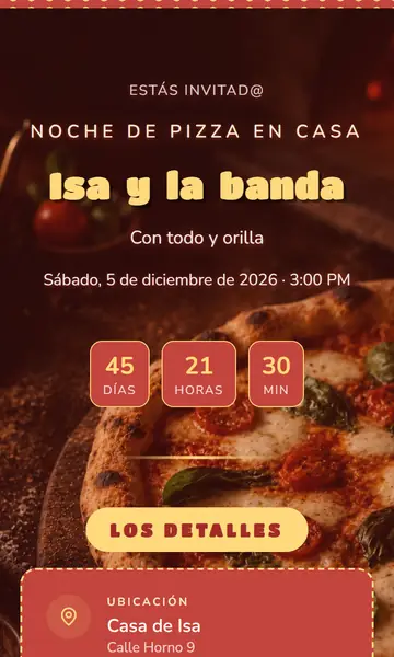 Primera pantalla de la invitación Noche de Pizza