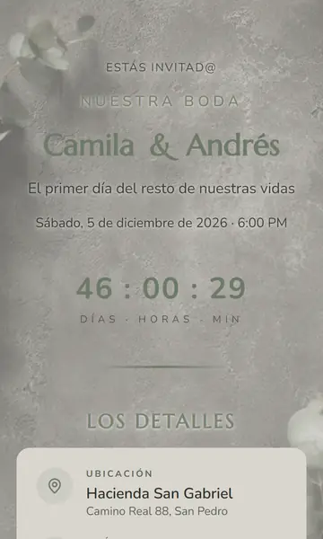 Primera pantalla de la invitación Piedra y Salvia