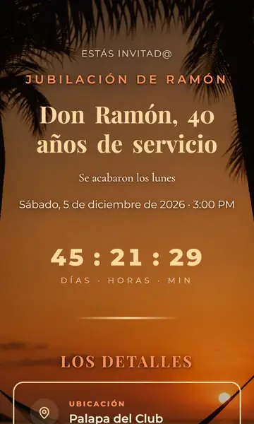 Primera pantalla de la invitación Por Fin Jubilado
