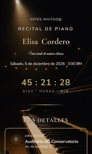 Primera pantalla de la invitación Recital de Piano