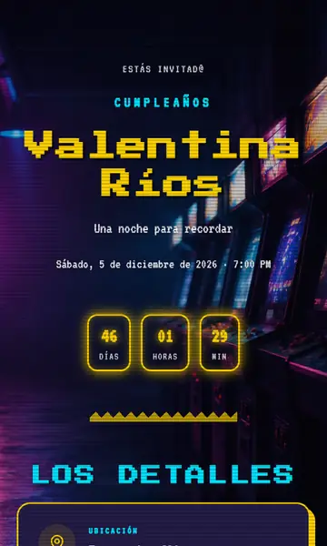 Primera pantalla de la invitación Retro Arcade
