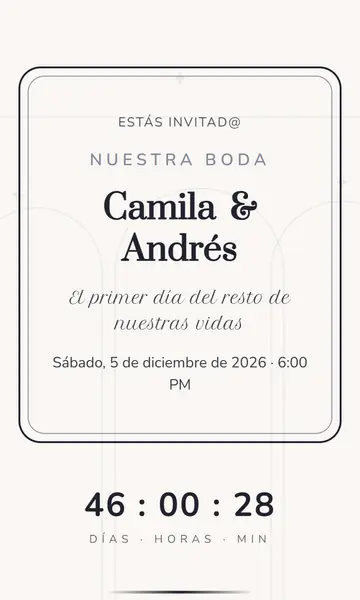 Primera pantalla de la invitación Tinta y Marfil