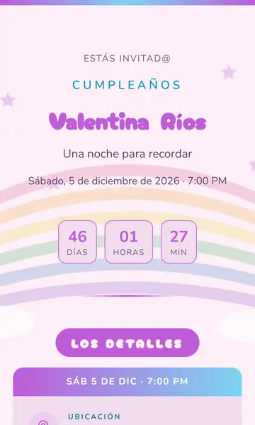 Primera pantalla de la invitación Unicornio