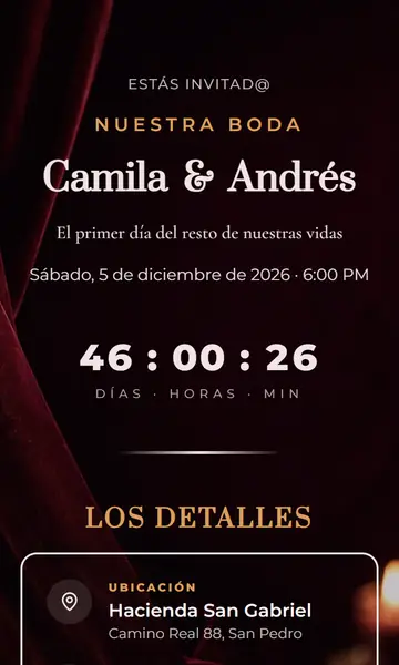 Primera pantalla de la invitación Vino y Terciopelo